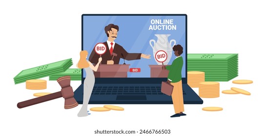 Online auction, advertising of art product sale. Tiny people with bid paddles buy antique vase, bidding price and purchase process on digital virtual auction platform cartoon vector illustration