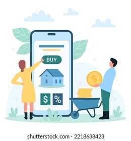 Online auction to bid and buy property vector illustration. Cartoon tiny people buying new home in mobile app with house on screen, holding coin from wheelbarrow with money. Procurement concept