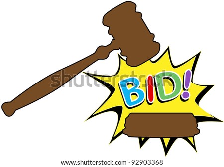 Online auction bid gavel hits stand to end sale in cartoon style icon