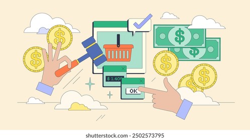 Online auction with bidding digital platform tiny person neubrutalism concept. Website with product offer for participants to bid with money proposals vector illustration. Sale or trading competition