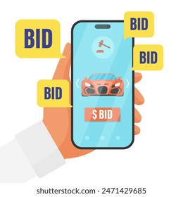 Online auction for car sale in mobile app, price suggestion in speech bubbles. Human hand holding phone, competitor bidding to buy red modern vehicle from smartphone screen cartoon vector illustration