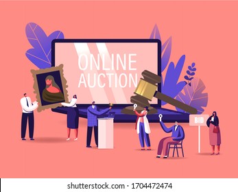 Online Auction Concept. Auctioneer, People Collectors Buying Assets in Internet. Tiny Male and Female Characters at Huge Laptop and Gavel Holding and Rising Bid Boards. Cartoon Vector Illustration