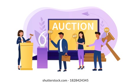 Online auction concept. Auctioneer standing behind lectern with auction hammer. Group of people standing in front of him and raising cards to increase the price of the lot. Flat vector illustration