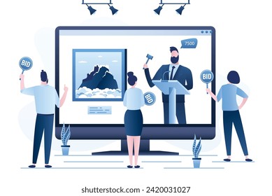 Online auction, concept banner. Male auctioneer sells works of art. Group of various art buyers looking on display. Trader use auction hammer. Sale of different rare art. Flat vector illustration