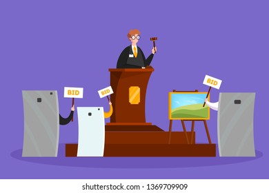 Online auction concept banner set. Taking action in auction through the digital device. Bid and buy art online. Flat vector illustration