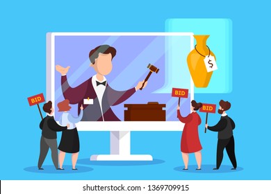 Online auction concept banner set. Taking action in auction through the digital device. Bid and buy art online. Flat vector illustration