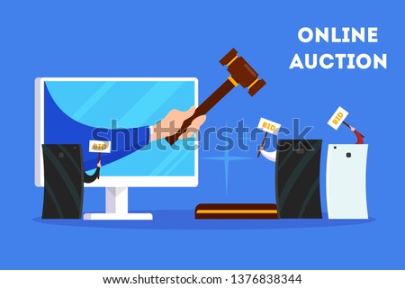 Online auction concept banner set. Taking action in auction through the digital device. Bid and buy art online. Flat vector illustration