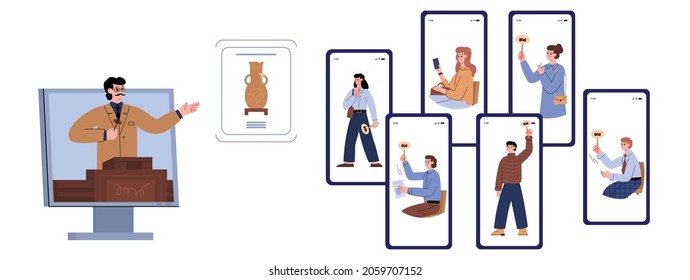 Online auction concept in flat vector illustration isolated on white background. Auctioneer conducts auction, announcing lots, controlling bidding. People place bids through mobile app on their phone.