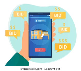 Online auction concept. Hand holding a smartphone on the screen which shows the confiscated house, put up for auction. Flat cartoon vector illustration.