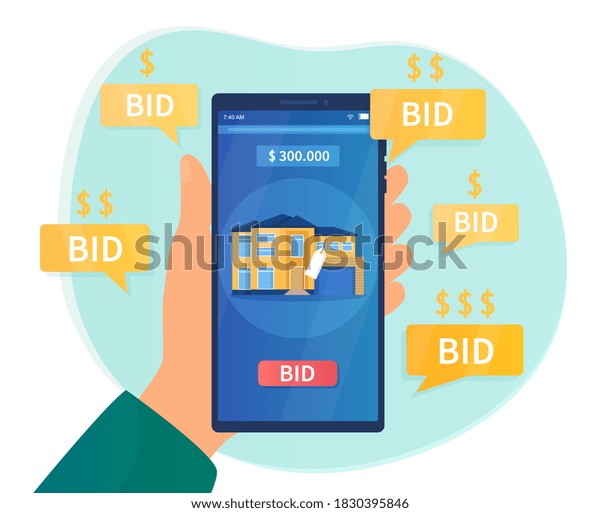 Online Auction Concept Hand Holding Smartphone Stock Vector Royalty Free 1830395846