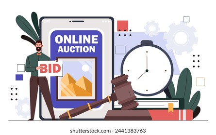 Online auction concept. Man with bid near judge gavel and timer. Deals with pictures and art products. Auctioneers competition. Cartoon flat vector illustration isolated on white background