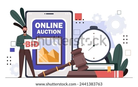 Online auction concept. Man with bid near judge gavel and timer. Deals with pictures and art products. Auctioneers competition. Cartoon flat vector illustration isolated on white background