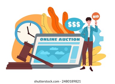 Online auction concept. Man stands near laptop and wooden hammer. Commerce and deals on internet. Guy trading and investing. Cartoon flat vector illustration isolated on white background