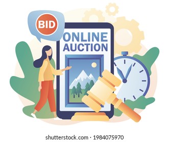 Online Auction concept. Painting on smartphone screen. Tiny woman bidder, buyer and auctioneer bidding in public auction. Hammer close deal. Modern flat cartoon style. Vector illustration 