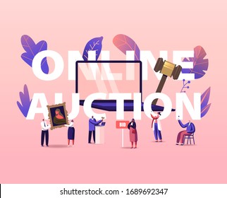 Online Auction Concept. People Buying Assets in Internet. Tiny Male and Female Characters around of Huge Laptop, Gavel Holding and Rising Bid Boards Poster Banner Flyer. Cartoon Vector Illustration