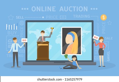 Online auction concept. Taking action in auction through the digital device. Bid and buy art online. Flat vector illustration