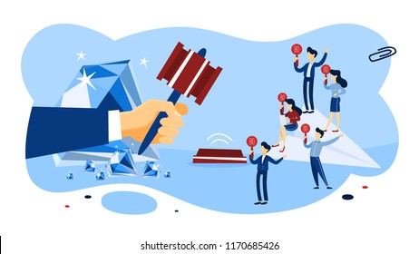 Online auction concept. Taking action in auction and bidding price. Bid and buy art online. Flat vector illustration