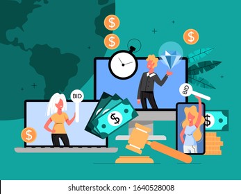 Online auction concept. Taking action in auction through the digital device. Bid and buy art online. Flat vector illustration