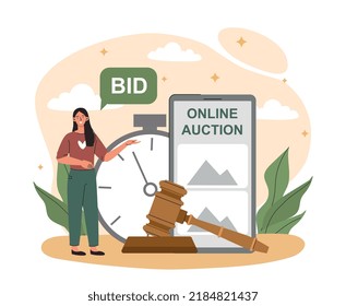 Online auction concept. Woman sells goods on Internet, counts down time for sale of slot. Offer, bid and marketing. Hammer close deal, successful negotiations. Cartoon flat vector illustration