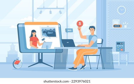 Online Auction. Customer bidding in online auction, auctioneer sells art painting. Flat cartoon vector illustration with people characters for banner, website design or landing web page	
