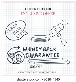 Online auction doodle. Money back guarantee symbol in the bottom. "Place your bid" in speech bubble.