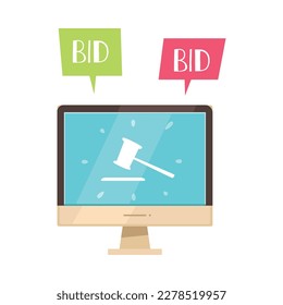 Online auction flat icon with computer monitor and bid speech bubbles vector illustration