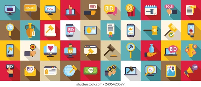 Online auction icons set flat vector. Bid property law. Procurement business money