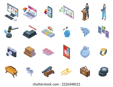 Online auction icons set isometric vector. House bid. Law property