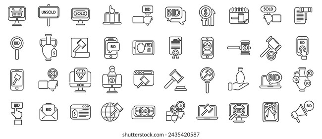 Online auction icons set outline vector. Bid property law. Procurement business money