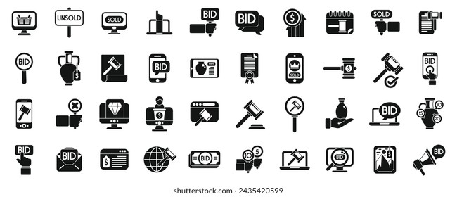 Online auction icons set simple vector. Bid property law. Procurement business money