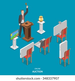 Online auction isometric flat vector concept. Auctioneer conducts an auction, announcing the lots and controlling the bidding. Instead of buyers on the chairs are smart phones, laptop and pc monitor.