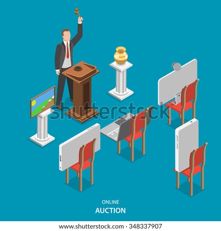 Online auction isometric flat vector concept. Auctioneer conducts an auction, announcing the lots and controlling the bidding. Instead of buyers on the chairs are smart phones, laptop and pc monitor.