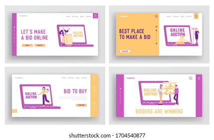 Online Auction Landing Page Template Set. People Buying Assets in Internet. Male Female Characters around of Huge Laptop and Gavel Holding and Rising Bid Boards. Linear People Vector Illustration