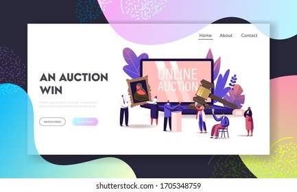 Online Auction Landing Page Template. Auctioneer, People Collectors Buying Assets in Internet. Tiny Characters at Huge Laptop and Gavel Holding and Rising Bid Boards. Cartoon Vector Illustration