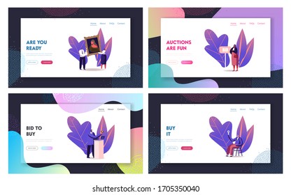 Online Auction Landing Page Template. Auctioneer, People Collectors Buying Assets in Internet. Tiny Characters at Huge Laptop and Gavel Holding and Rising Bid Boards. Cartoon Vector Illustration