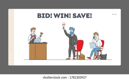 Online Auction Landing Page Template. Auctioneer Holding Wooden Gavel Stand at Tribune. Male Characters Bidding. Internet Technology for Selling and Buying Assets. Linear People Vector Illustration