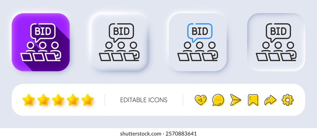 Online auction line icon. Neumorphic, Flat shadow, 3d buttons. Bid offer sign. Raise the price up symbol. Line online auction icon. Social media icons. Vector