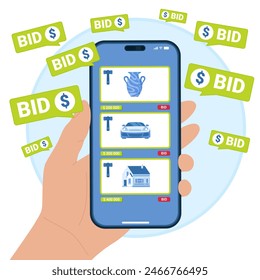 Online auction in mobile app. Hand of bidder holding smartphone with bidding for antique vase, house and car, button Bid on screen, price suggestions in speech bubbles cartoon vector illustration