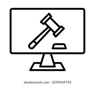 Online auction on computer screen with gavel symbol. Vector icon. Editable stroke.