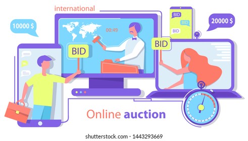 Online auction on the Internet. International trade, world map. People make bets by phone and computer. Vector trend flat style.