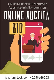 Online auction poster with hand holding smartphone, flat vector illustration. Auctioneer man with gavel and bid speech bubble.