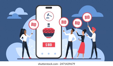 Online auction process, bids for antique vase in mobile app. Tiny people vote with bid paddles for old valuable art object on smartphone screen, bidders offer money cartoon vector illustration