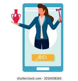 Online auction sale, flat vector illustration. Smartphone with auctioneer holding gavel and vase in hands. Auction and internet bidding from mobile phone.