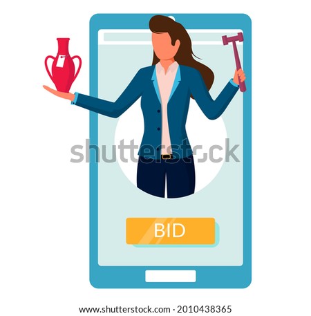Online auction sale, flat vector illustration. Smartphone with auctioneer holding gavel and vase in hands. Auction and internet bidding from mobile phone.