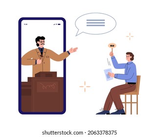 Online auction sale scene with people cartoon characters, flat vector illustration isolated on white background. Auctioneer leading online virtual auction bids.