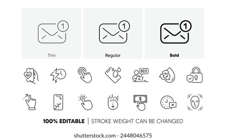 Online auction, Security lock and Time line icons. Pack of Cursor, Face detection, Cardio training icon. Scroll down, Payment click, Recycle water pictogram. Charging time, New message. Vector