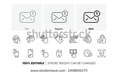 Online auction, Security lock and Time line icons. Pack of Cursor, Face detection, Cardio training icon. Scroll down, Payment click, Recycle water pictogram. Charging time, New message. Vector
