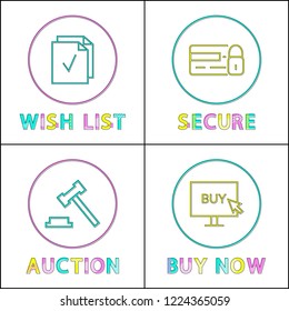 Online auction and security, wishlist and buying icons. Credit card and monitor, hammer and list sign in circles, website design vector illustration