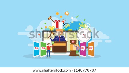 Online Auction Technology Tiny People Character Concept Vector Illustration, Suitable For Wallpaper, Banner, Background, Card, Book Illustration, And Web Landing Page
