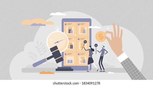 Online auction website as sales bidding and purchase place tiny persons concept. E-commerce auctioneer promotion art, luxury and antique products vector illustration. Symbolic gavel hammer decision.